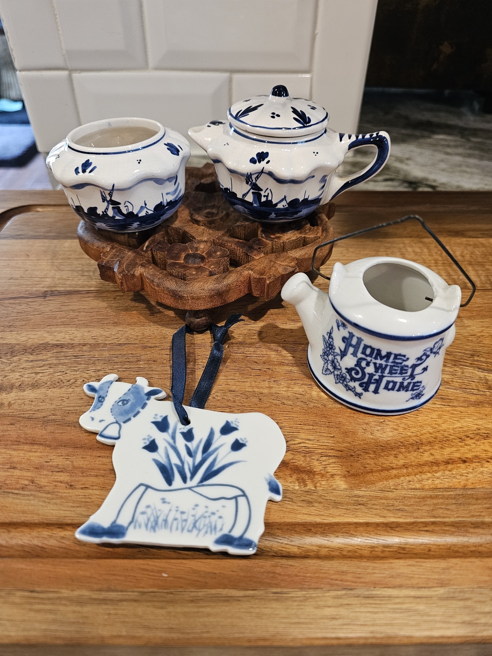 Blue and White Ceramic Teapot and Sugar Set - Home Sweet Home Ceramic Miniature